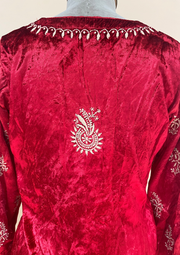 Velvet Chikankari Stitched Coord Set - Red