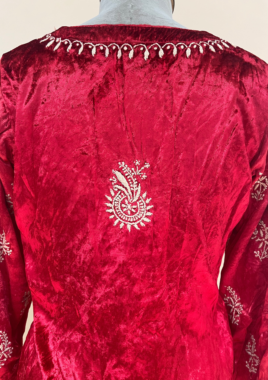 Velvet Chikankari Stitched Coord Set - Red