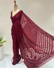 Chikankari Viscose Saree- Merlot Maroon