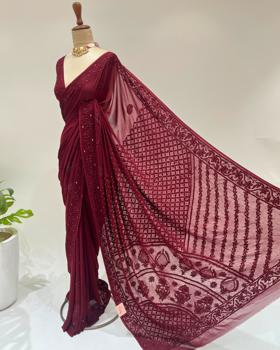 Chikankari Viscose Saree- Merlot Maroon