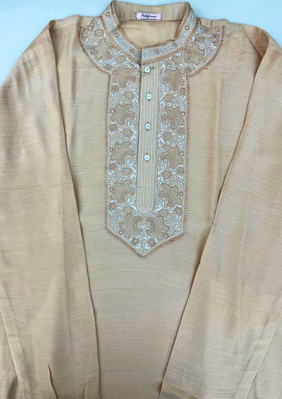 Munga Silk Chikankari Stitched Mens Kurta - Peach