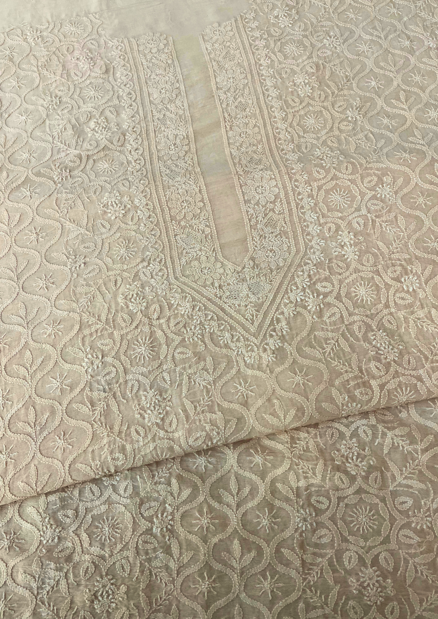 Chanderi Chikankari Unstitch Mens Kurta - Nude Peach