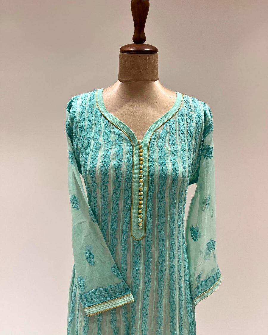Georgette Anarkali Chikankari Kurta- Seafoam Green