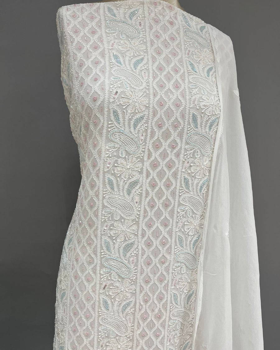 Viscose Chikankari Unstitched Suit Set - White