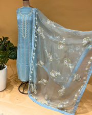 Organza Chikankari Unstitsched Kurta And Dupatta Set- Polar Wind