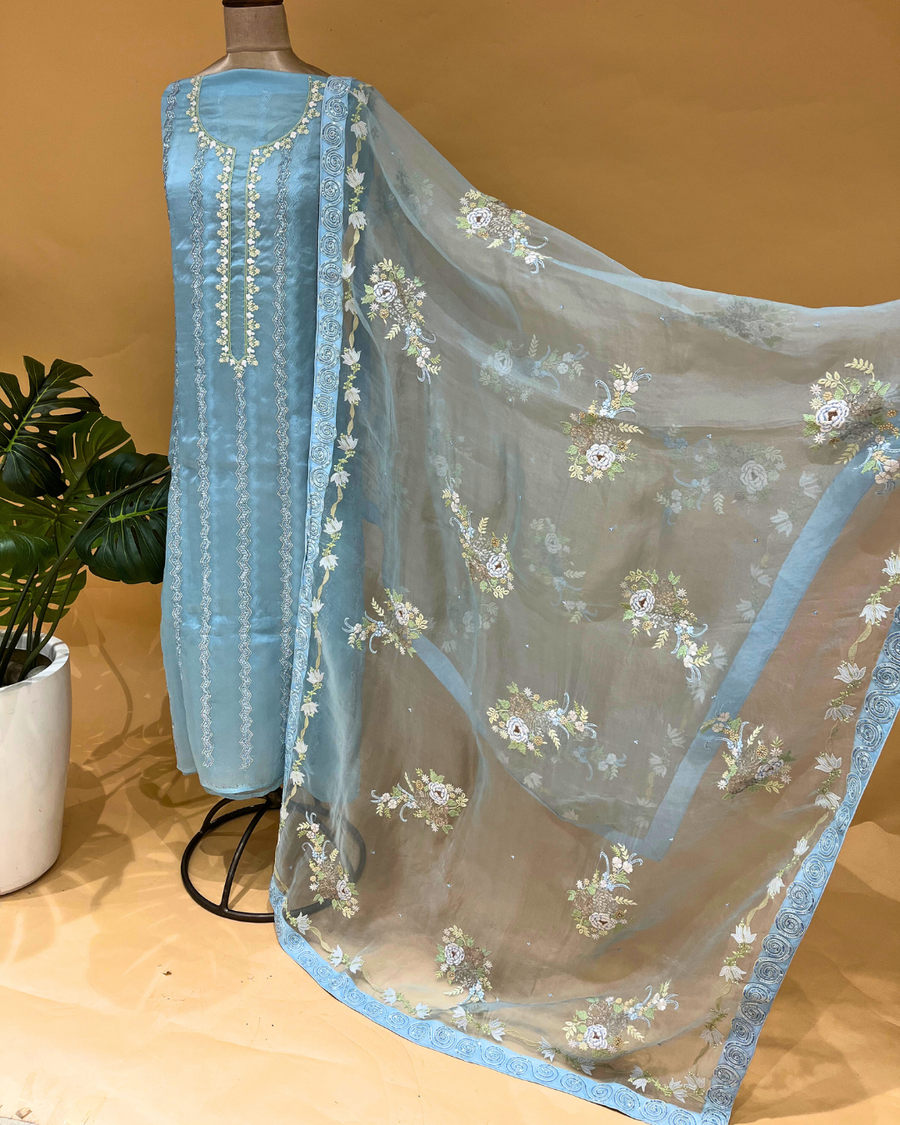 Organza Chikankari Unstitsched Kurta And Dupatta Set- Polar Wind