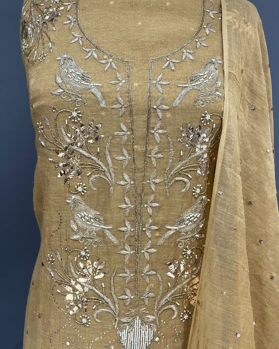 Tissue Chikankari unstitch 2pc Suit - Honey Gold