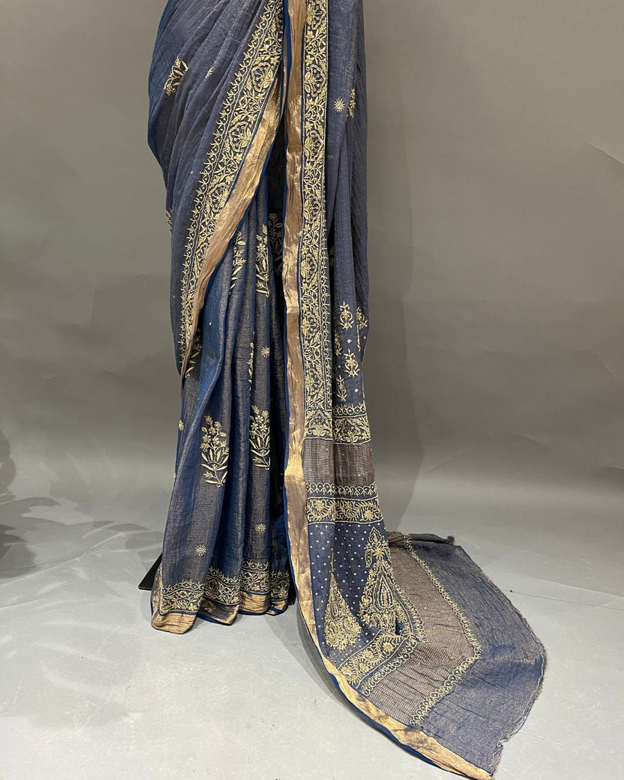Tissue Chikankari Saree - Midnight Blue