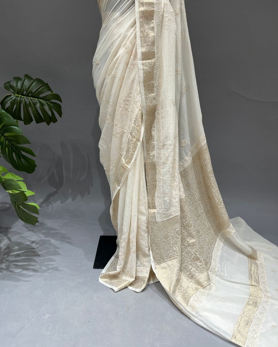 Mul Chikankari Saree - Ivory