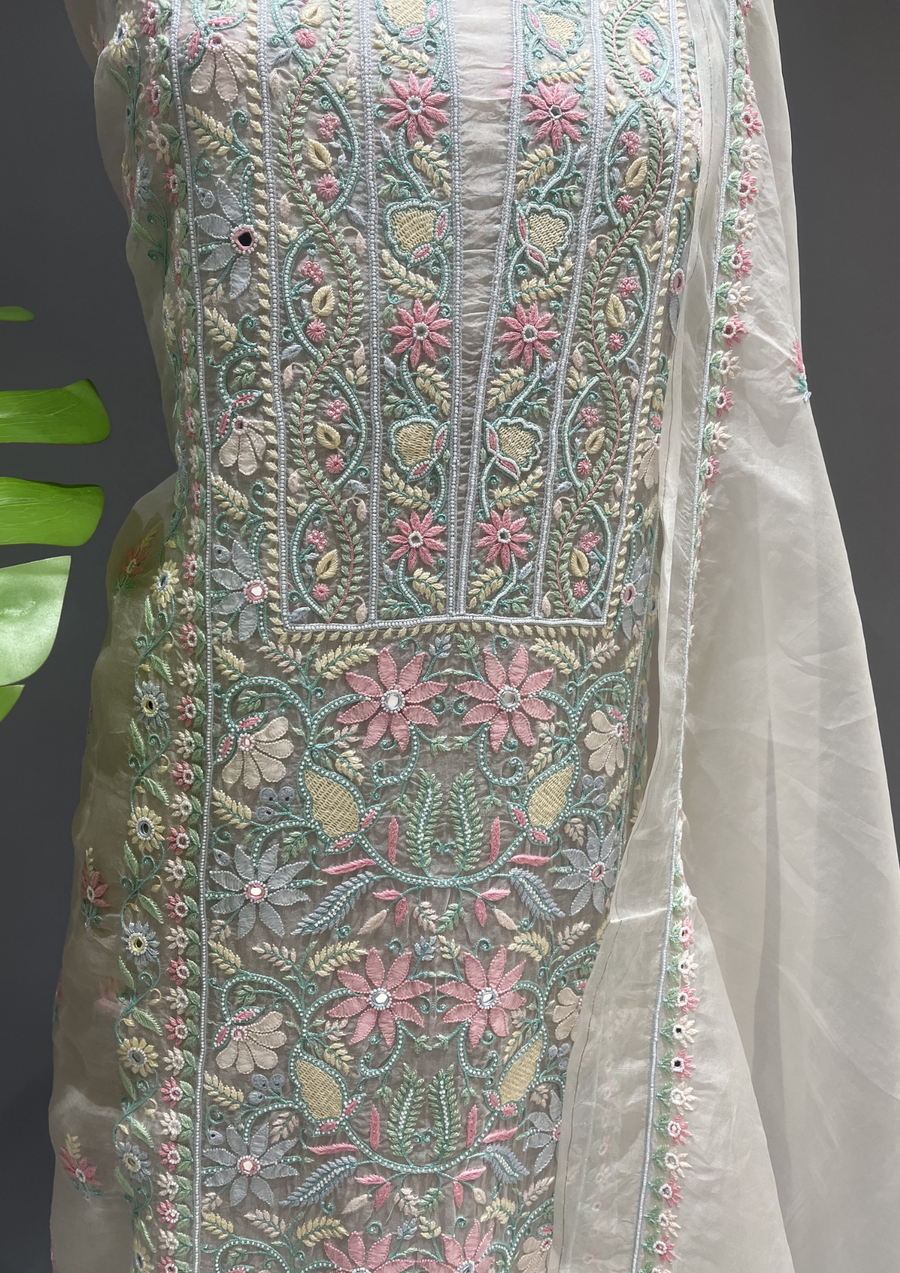 Organza Chikankari Unstitched Suit Set - Ivory