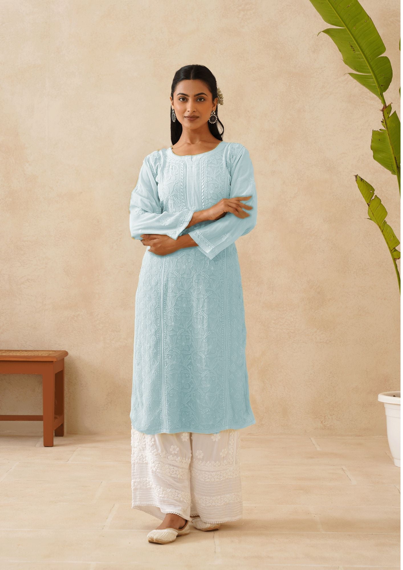 Crepe Georgette Long Kurti - Ombre Aqua Blue