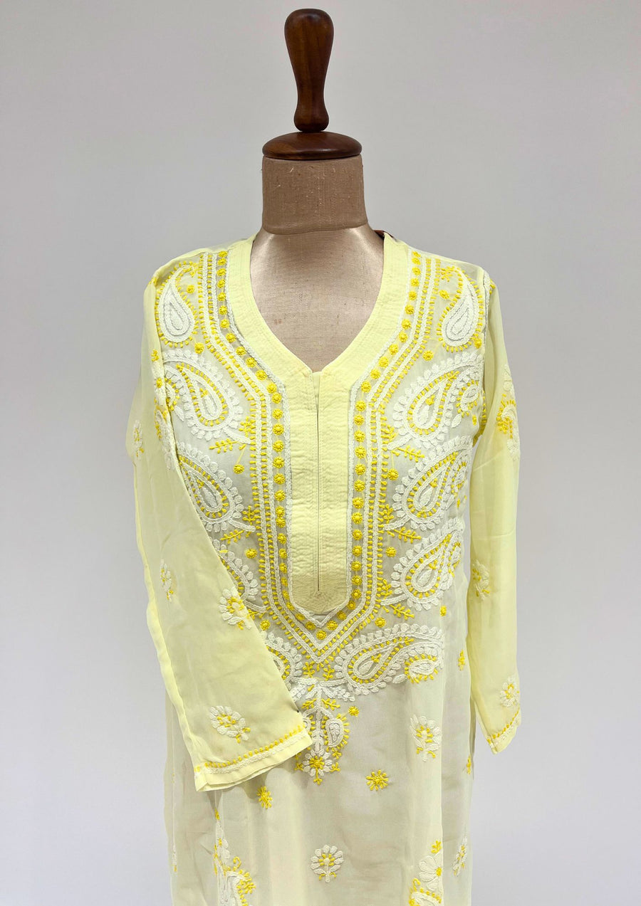 Georgette Chikankari Long Kurti - Corn Yellow
