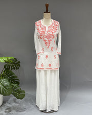 Cotton Chikankari Short Kurti - White & Red