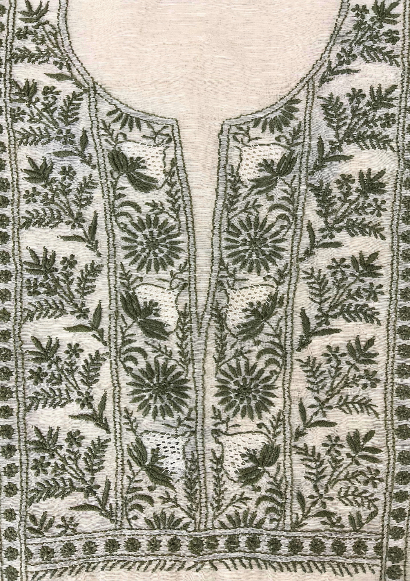Chikankari Linen Unstitched Suit - White And Green