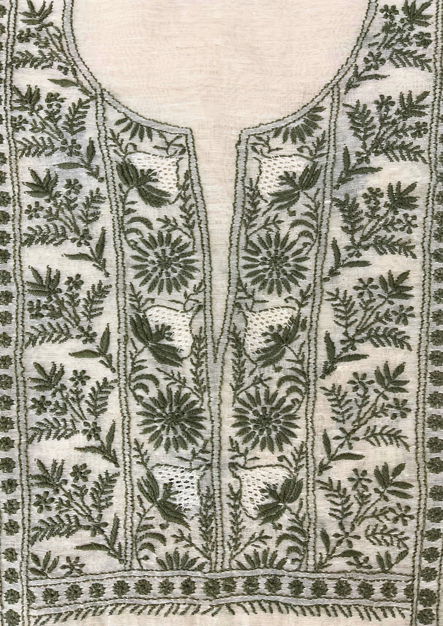 Chikankari Linen Unstitched Suit - White And Green
