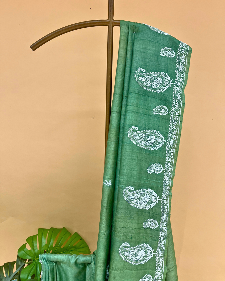Chikankari Tussar Silk Saree - Moss Green