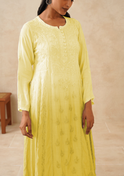 Muslin Chikankari A-line Long Kurti- Ombre Sunshine Yellow