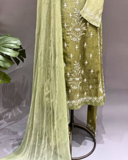 Mul Chanderi Chikankari Stitch 3 pc Suit - ombre Green