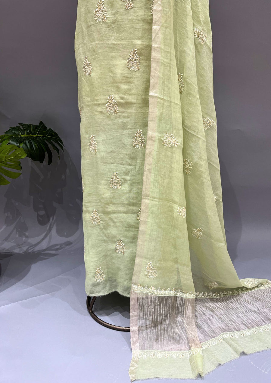 Tissue Chikankari Unstitch 2pc Suit - Mint Green