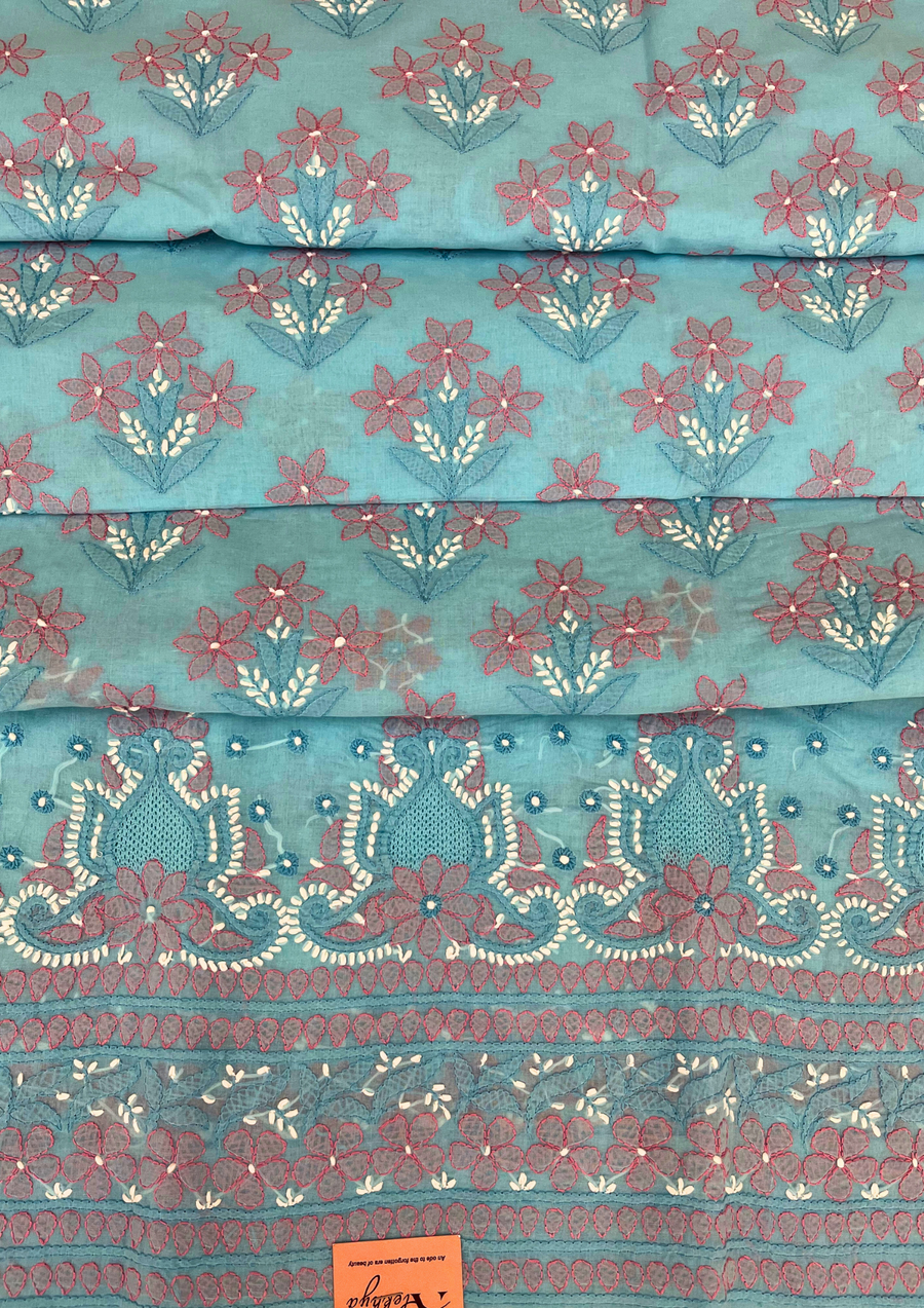 Cotton Unstitched Chikankari suit - Pink And Blue