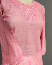 Chanderi Chikankari Short Kurti - Carnation Pink
