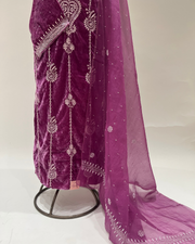 Velvet Chikankari Unstitched 2pc Suit Set - Light Plum