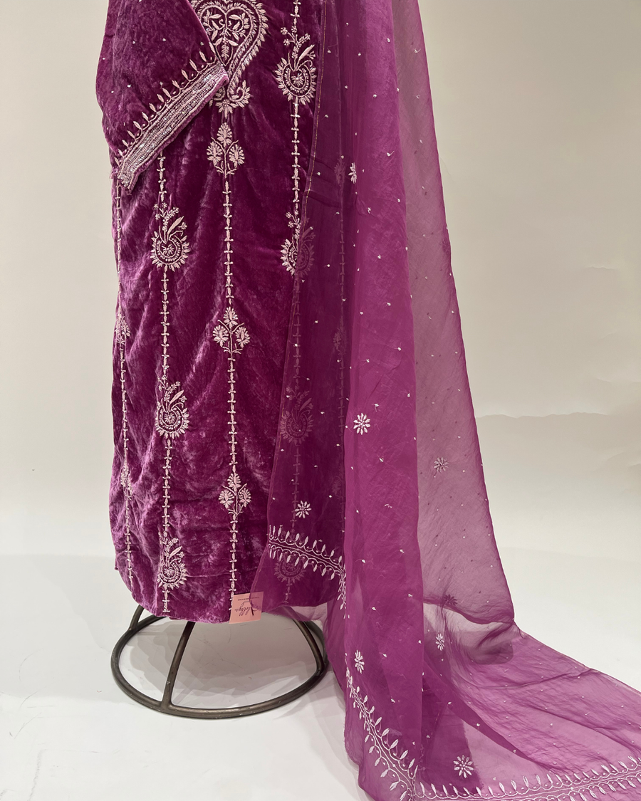 Velvet Chikankari Unstitched 2pc Suit Set - Light Plum