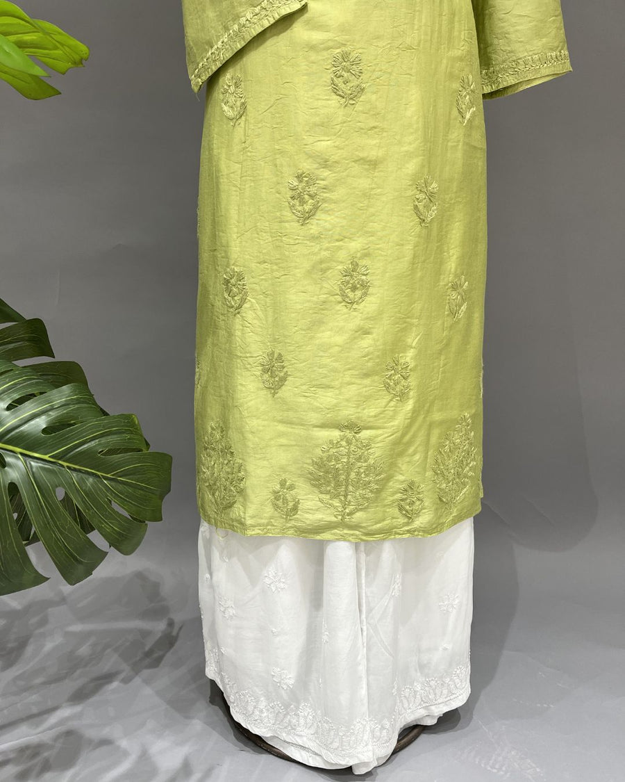 Chanderi Chikankari Long Kurti - Parrot Green