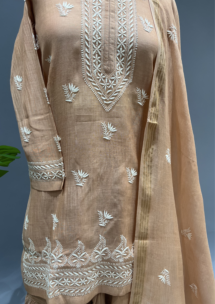 Chikankari Mul Chanderi Sharara Set - Caramel Beige