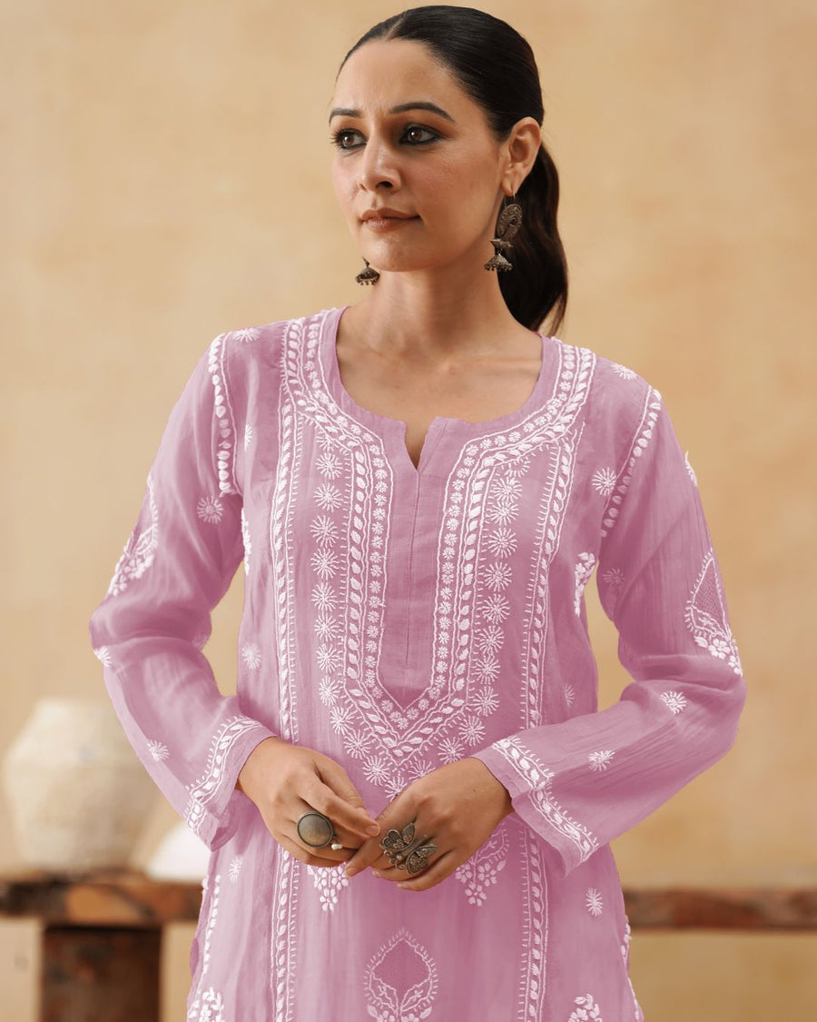 Mul Chikankari Long Kurti - Mauve Pink