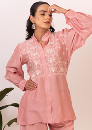 Chanderi chikankari coord set - salmon pink