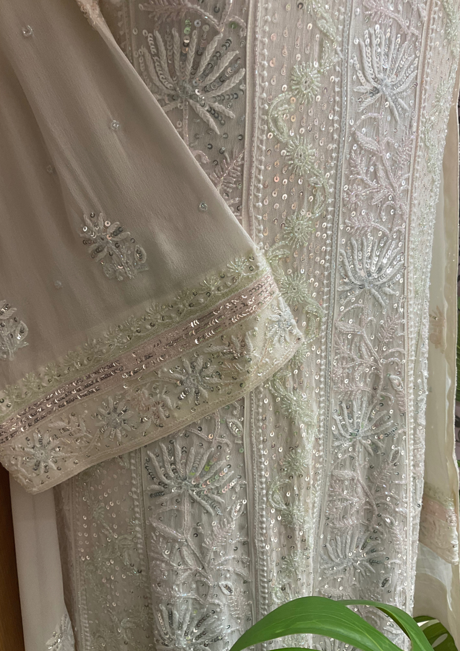 Pure Georgette Semistitched Chikankari Anarkali  - White