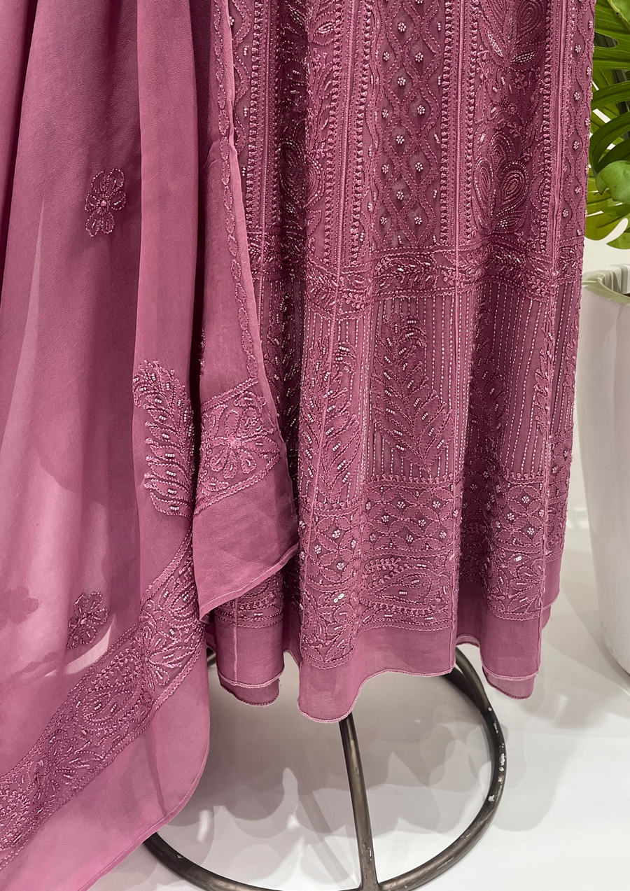Viscose Chikankari Semistitched Anarkali- Plum