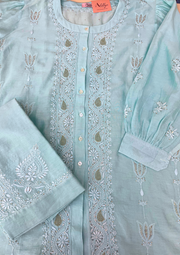 Chikankari Semistitched Chanderi Co-ord Set - Aqua Blue