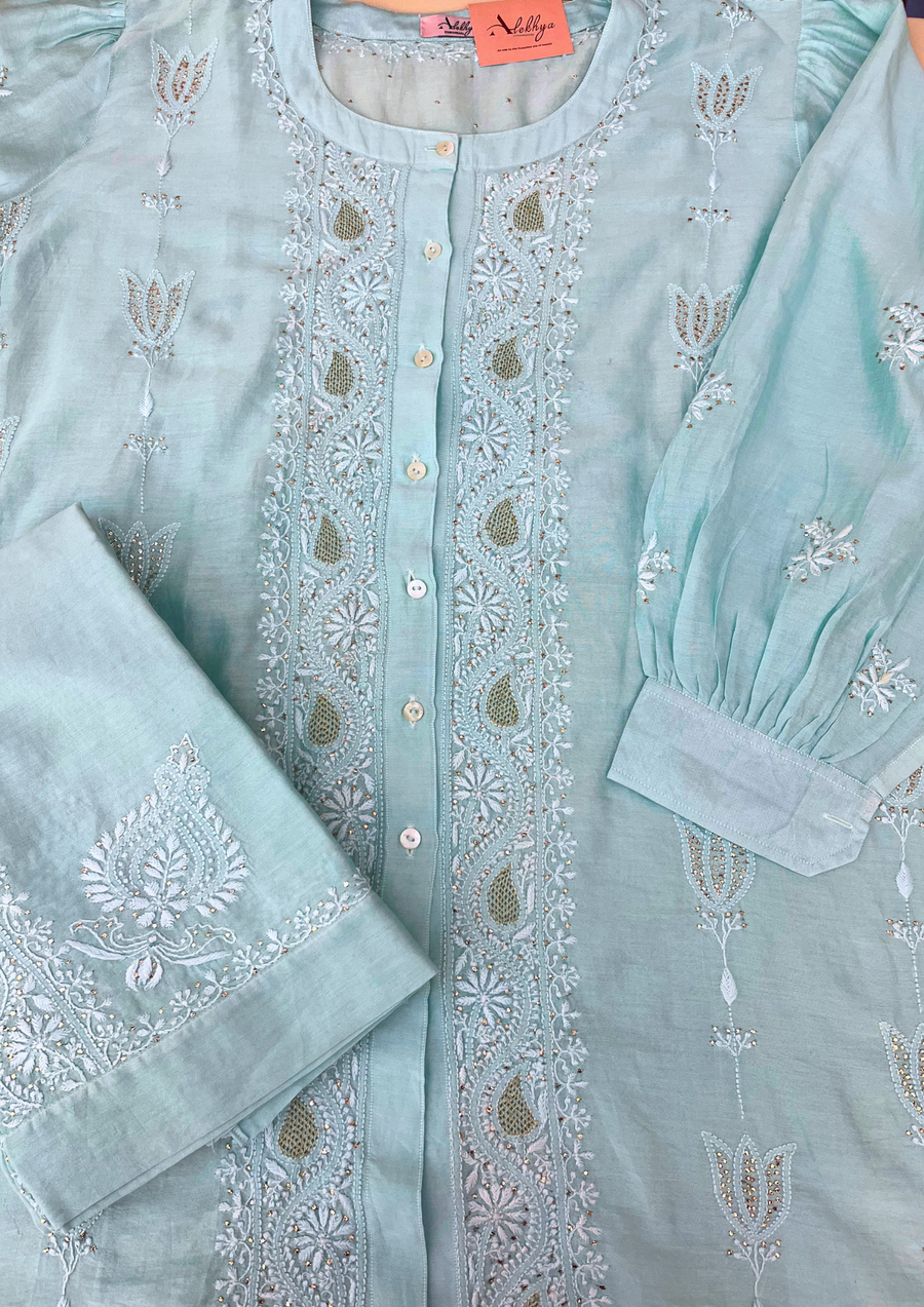 Chikankari Semistitched Chanderi Co-ord Set - Aqua Blue