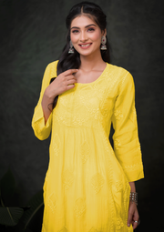 Mul Chikankari Long Kurti - Sunshine Yellow