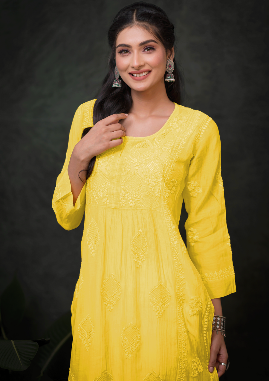 Mul Chikankari Long Kurti - Sunshine Yellow