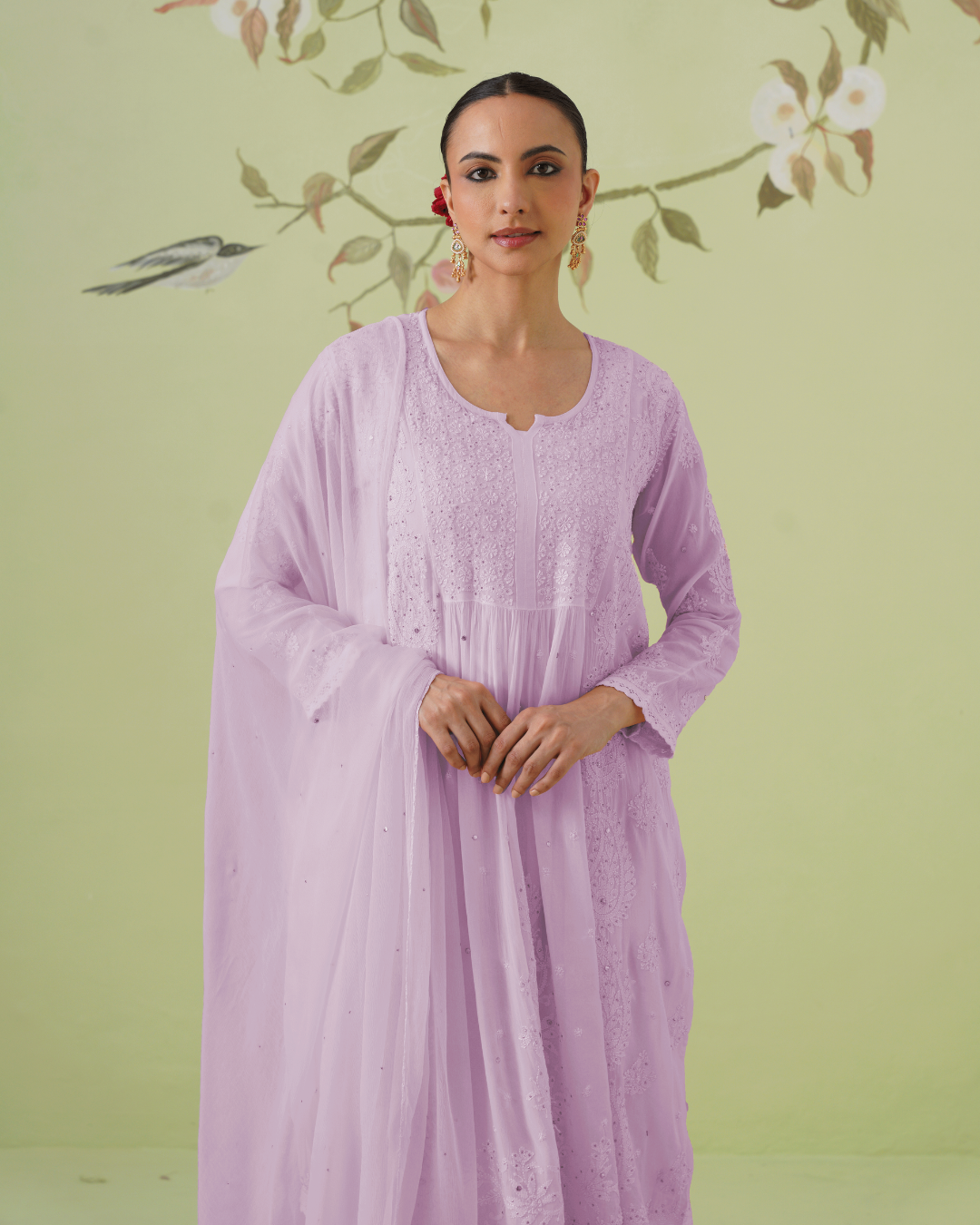 Chikankari Viscose Short Kurta Suit Set - Ombre Lavender