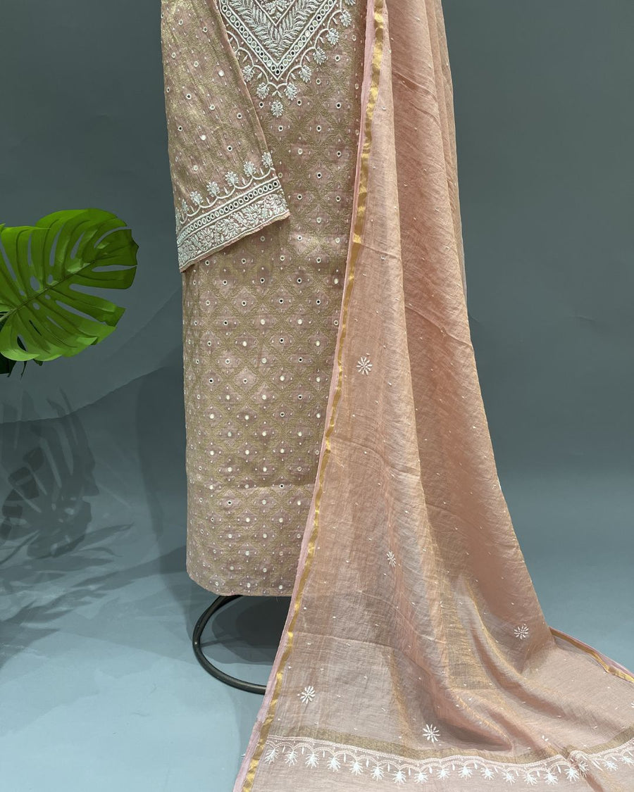 Banarsi Chanderi Chikankari Semistitch 2pc Suit - Rose Gold