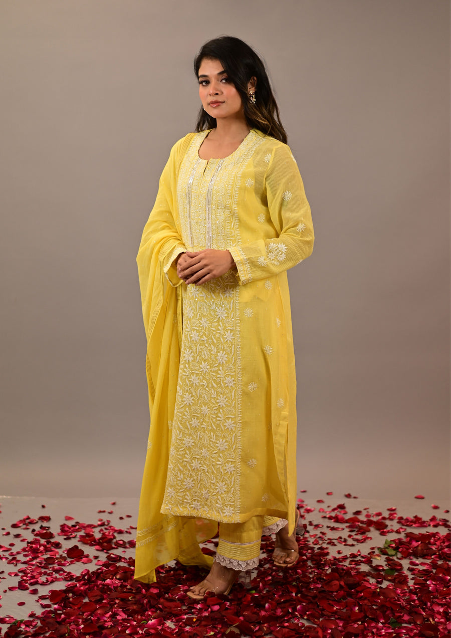 Radiant Yellow Mul Chanderi suit