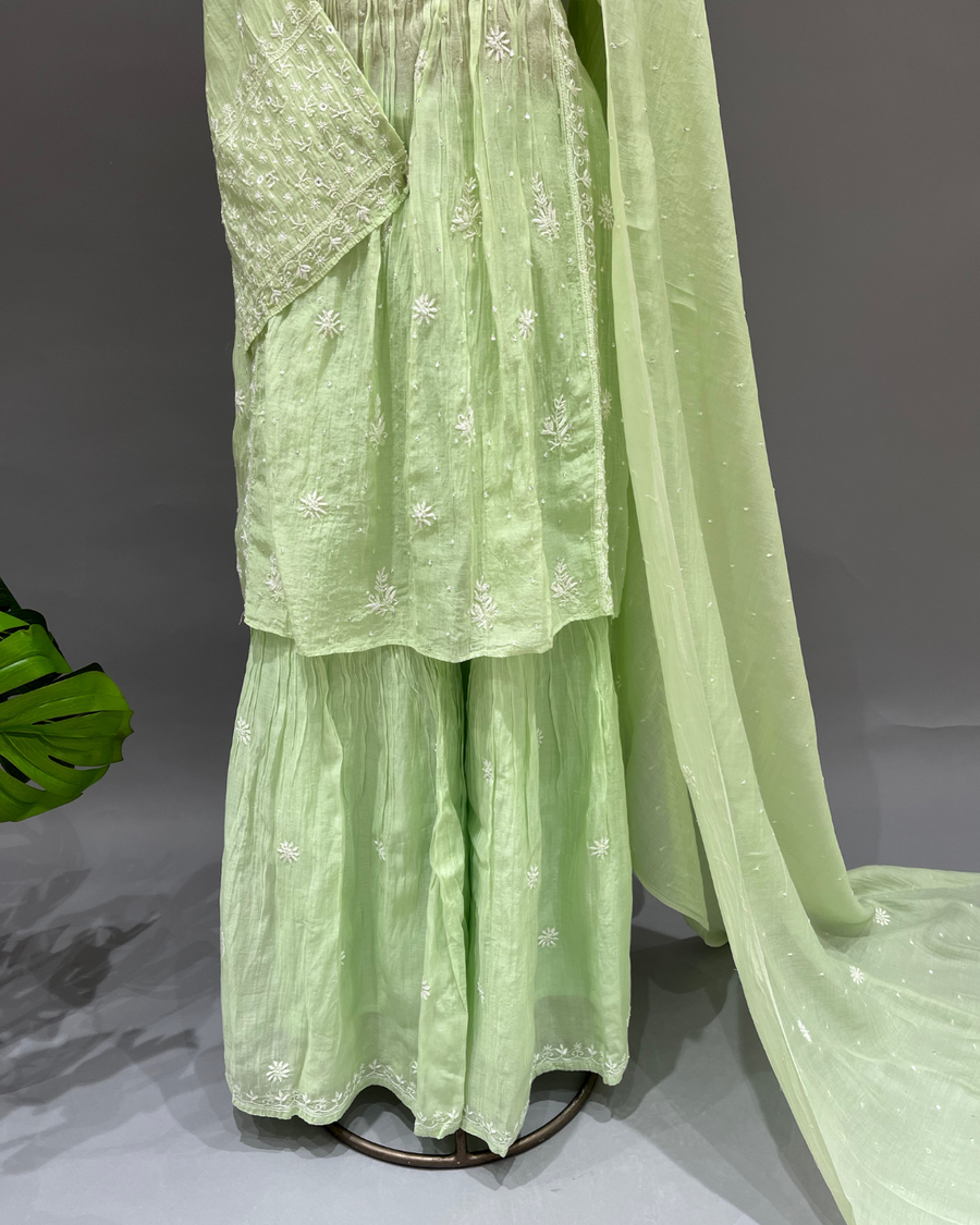 Mul Chanderi Chikankari Sharara set - Moss Green
