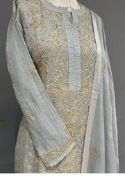 Tissue Chikankari Stitch 3pc Suit Set - Cadet Gray