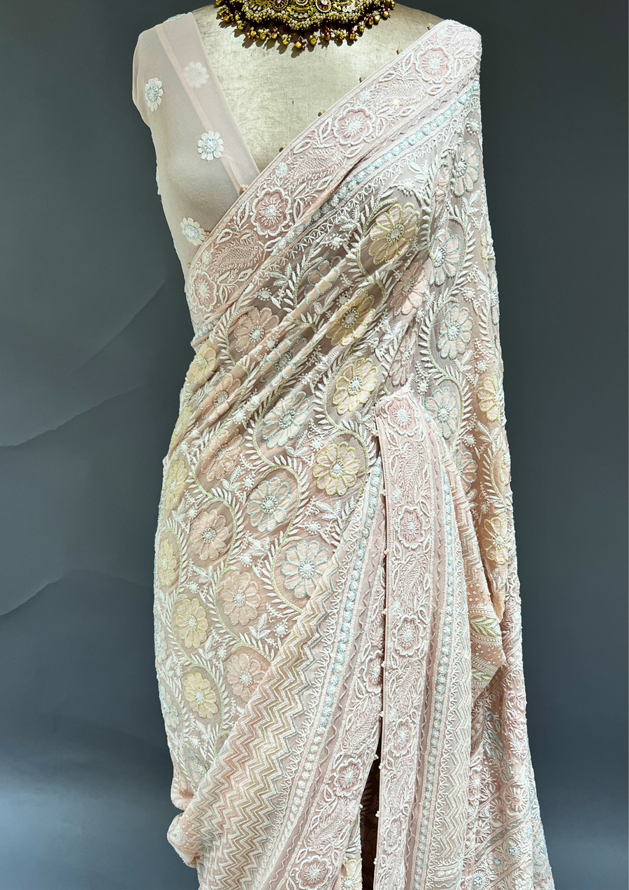 Chikankari Georgette Saree & Blouse - Blush Pink