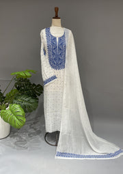 Mul Chanderi Chikankari Unstitch 2pc Suit - White & Blue