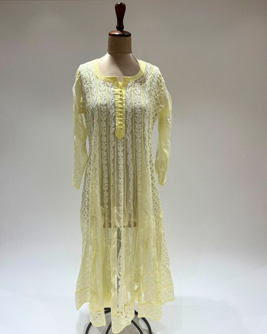 Georgette Anarkali Chikankari Kurta- Lemon Yellow