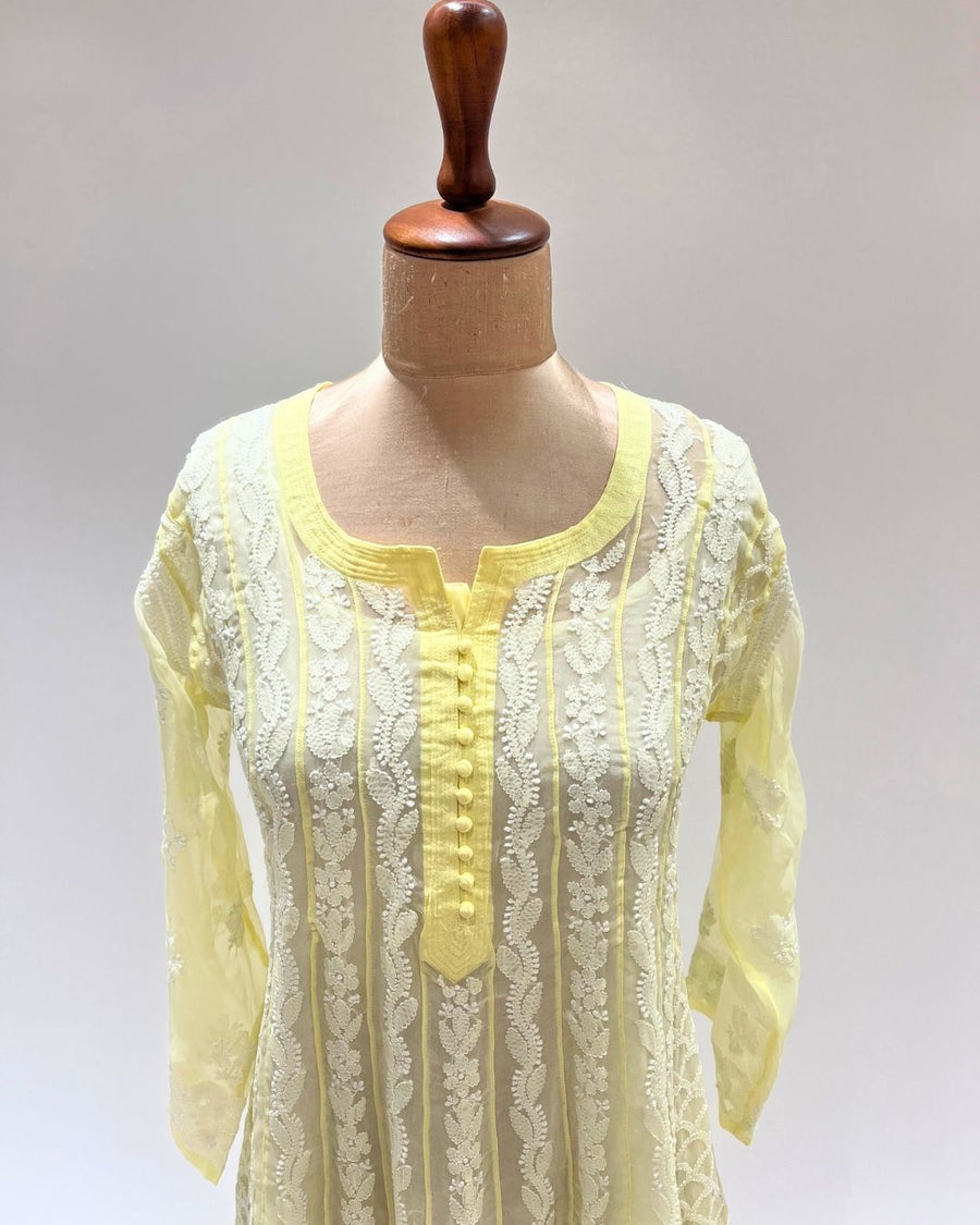 Georgette Anarkali Chikankari Kurta- Lemon Yellow