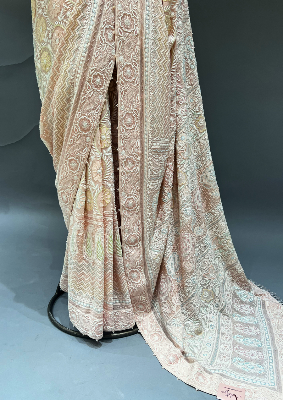 Chikankari Georgette Saree & Blouse - Blush Pink