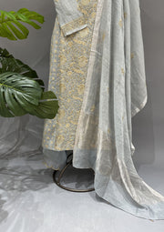 Tissue Chikankari Stitch 3pc Suit Set - Cadet Gray