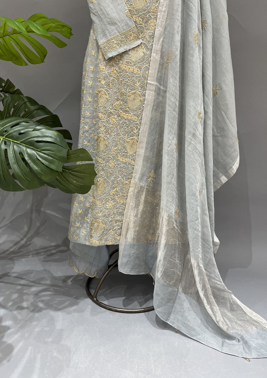 Tissue Chikankari Stitch 3pc Suit Set - Cadet Gray