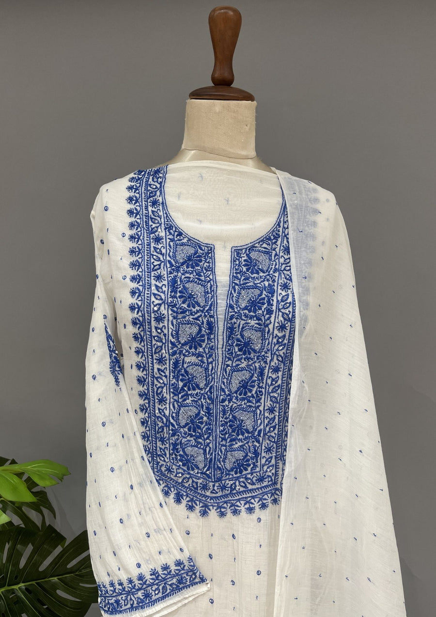 Mul Chanderi Chikankari Unstitch 2pc Suit - White & Blue
